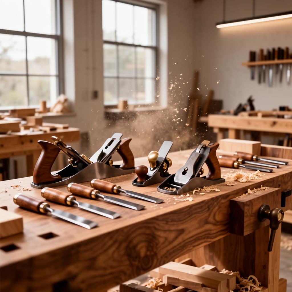 Professional woodworking shop with hand tools on a walnut bench